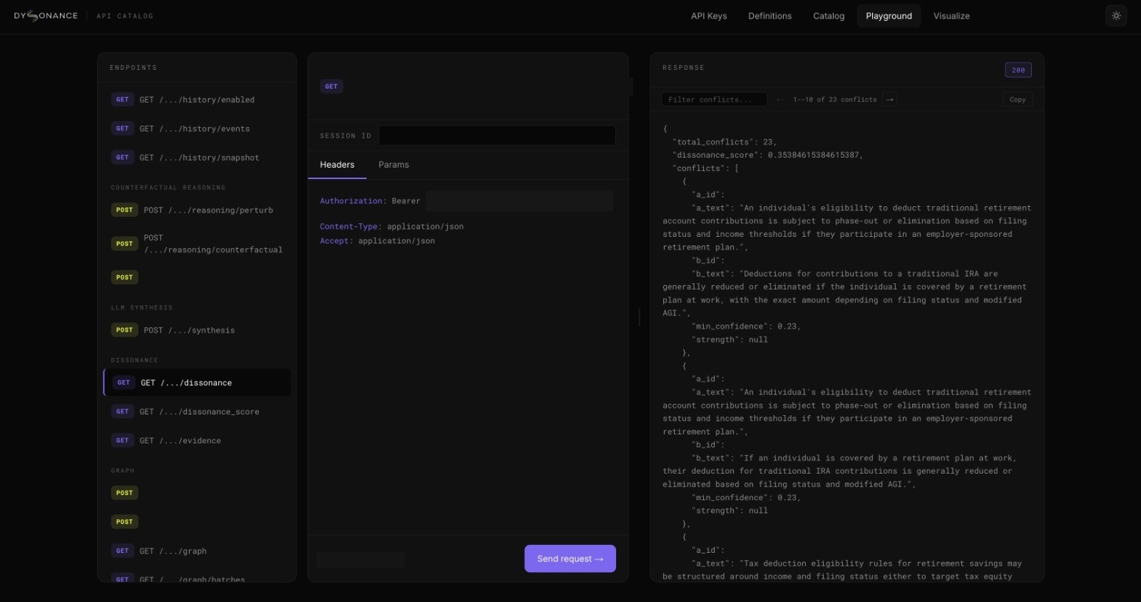 The API playground returning 23 conflicts and a dissonance score for one session.